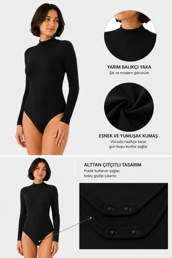 Kadın Viskon Boğazlı Çıtçıtlı Zıbın Body-Siyah