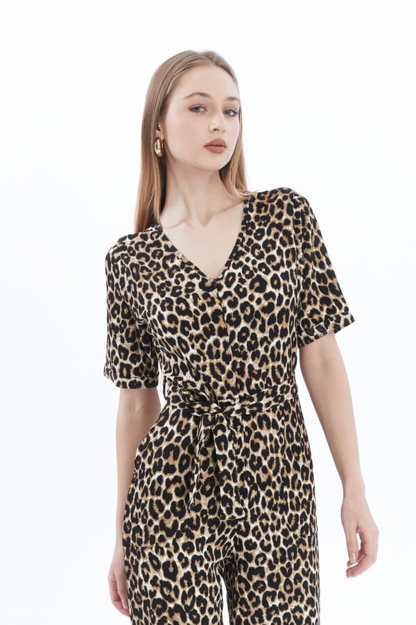 Kadın Krep Beli Kemerli ve Fermuarlı Tulum-Leopar