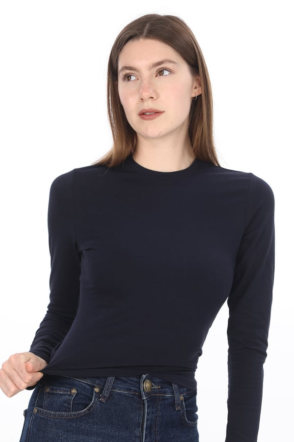 Likralı Pamuk Crop Tişört-Slim Fit-Lacivert