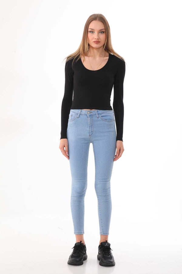 Kadın Crop Pamuklu V Yaka T-shirt -Siyah