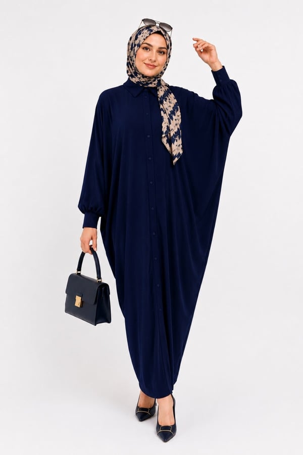 Kadın Sandy Tesettür Gömlek Elbise Abaya-Lacivert