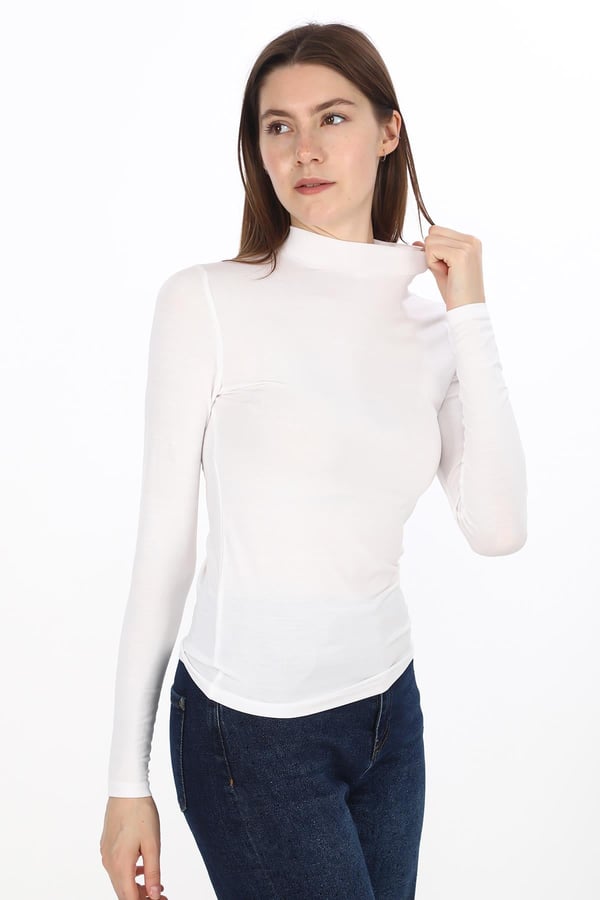 Kadın Modal Dik Yaka Slim Fit Tişört 2li Paket-Siyah-Beyaz