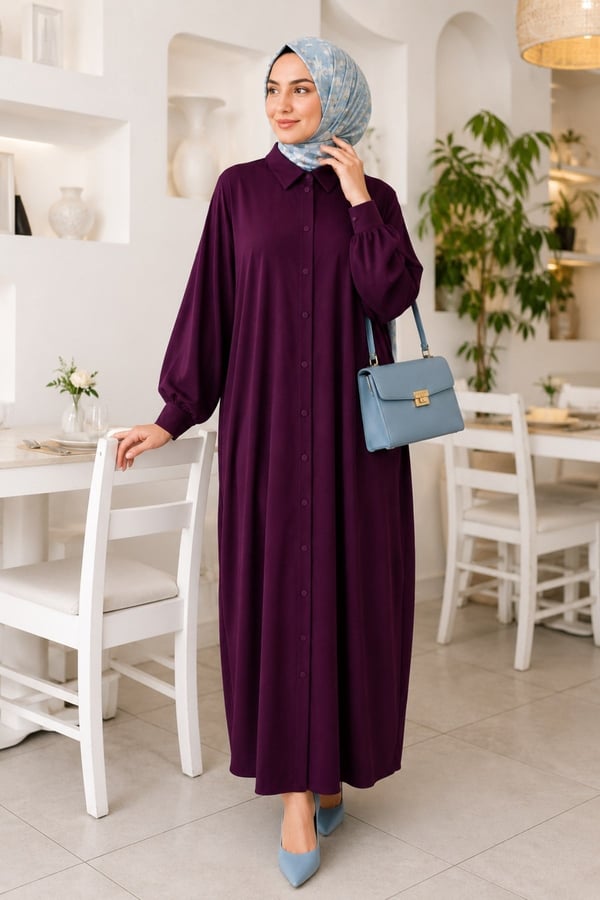 Kadın Sandy Tesettür Gömlek Elbise Abaya-Vişne