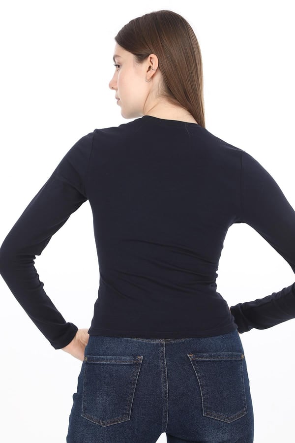 Likralı Pamuk Crop Tişört-Slim Fit-Lacivert