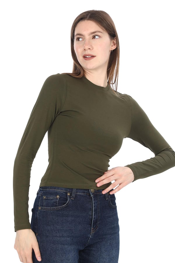 Likralı Pamuk Crop Tişört -Slim Fit-Haki