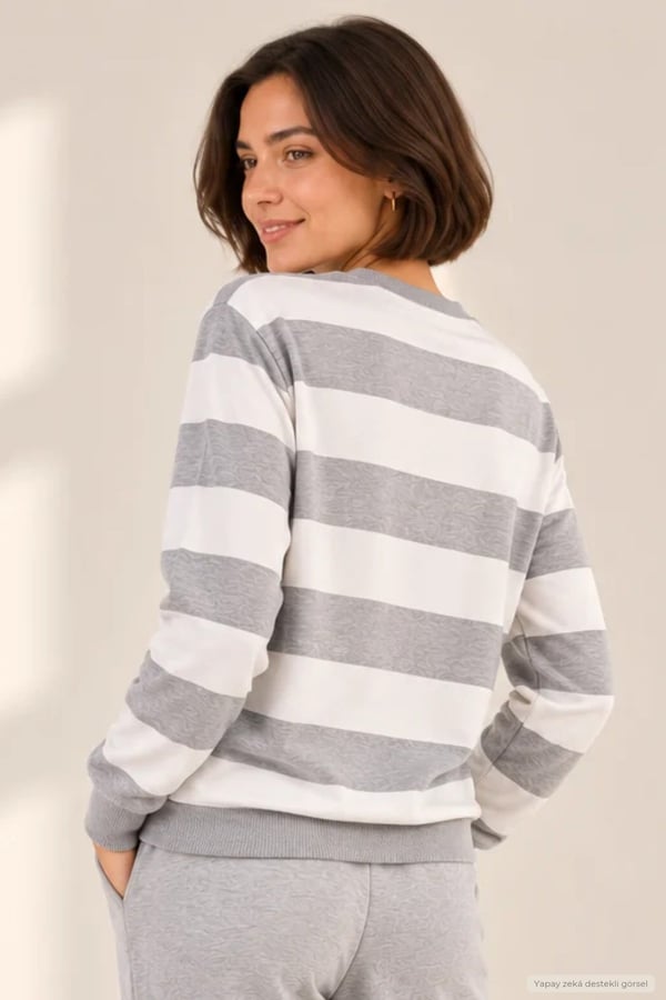 Kadın Bisiklet Yaka Sweatshirt Normal Kalıp Uzun Kollu-Gri Çizgili
