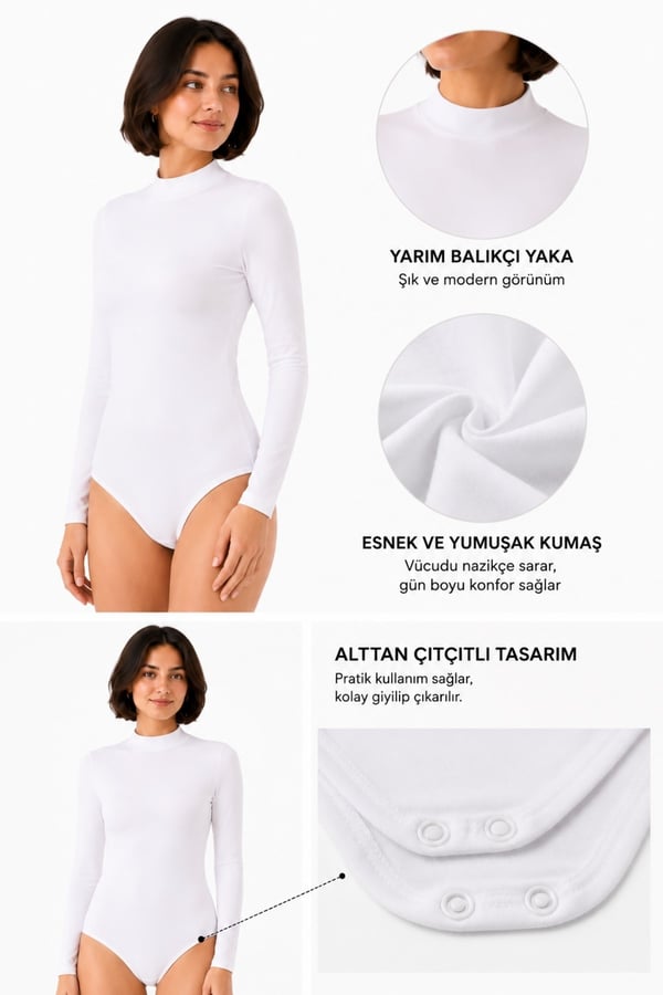 Kadın Viskon Boğazlı Çıtçıtlı Zıbın Body-Beyaz