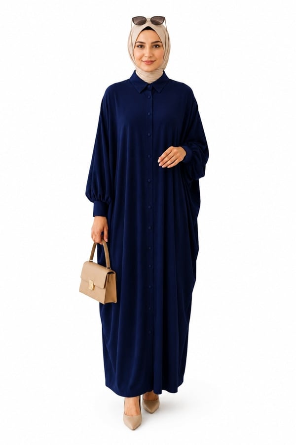 Kadın Sandy Tesettür Gömlek Elbise Abaya-Lacivert