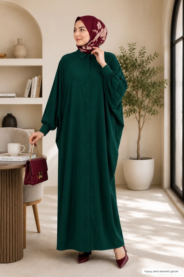Kadın Sandy Tesettür Gömlek Elbise Abaya-Zümrüt Yeşil