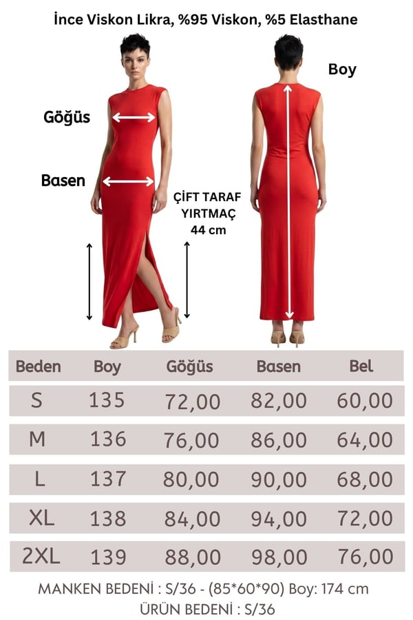Çizgi Desen Uzun Elbise-Kırmızı