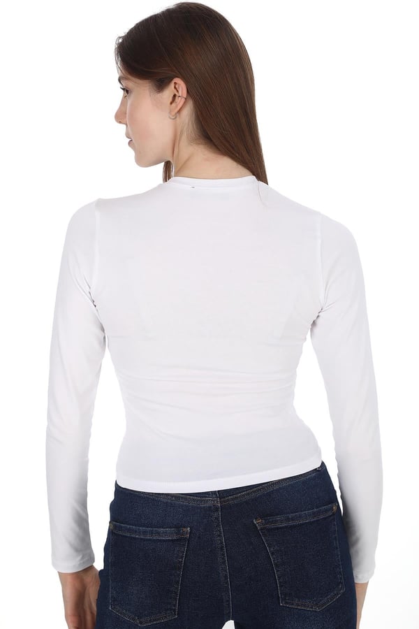 Likralı Pamuk Crop Tişört-Slim Fit -Beyaz