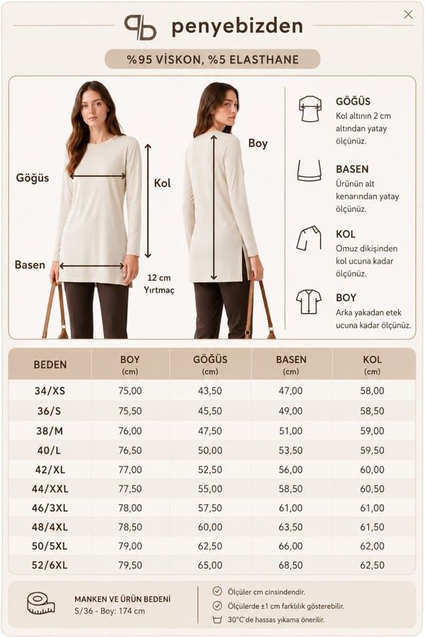 Premium Viskon Uzun Tunik-Bej