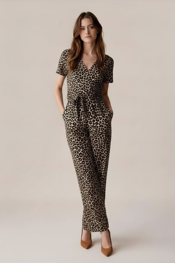 Kadın Krep Beli Kemerli ve Fermuarlı Tulum-Leopar