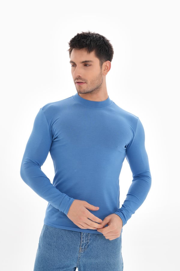 Erkek Dik Yaka Slim Fit Pamuk Likra Tişört-Koyu Mavi