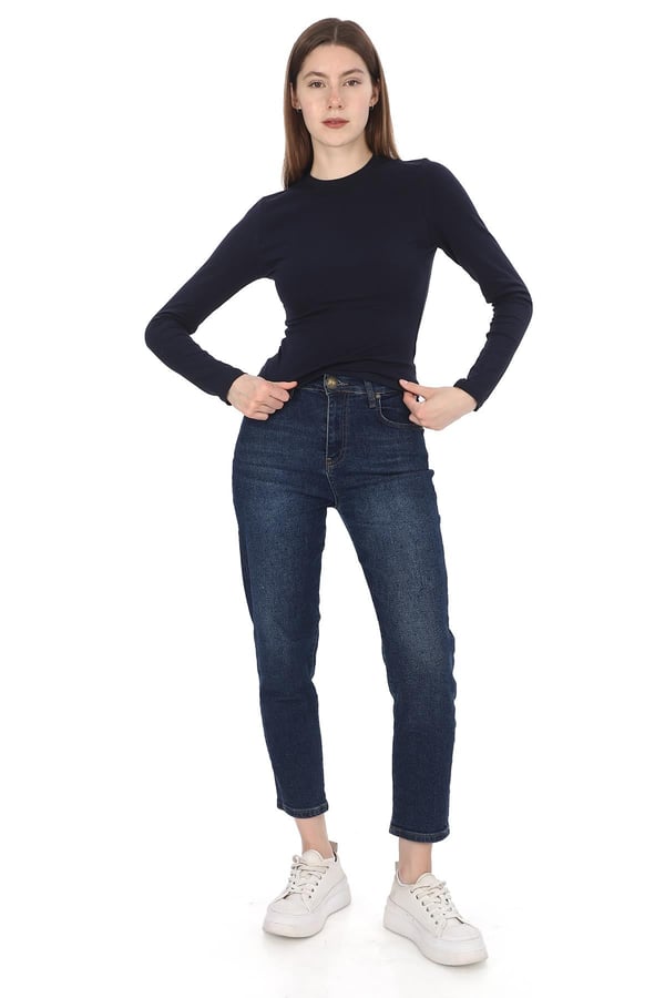 Likralı Pamuk Crop Tişört-Slim Fit-Lacivert