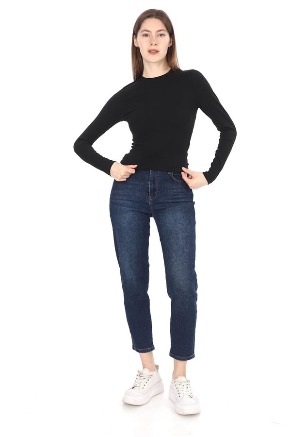 Likralı Pamuk Crop Tişört-Slim Fit-Siyah