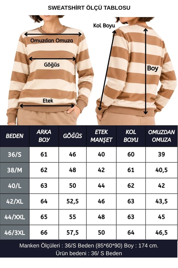 Kadın Bisiklet Yaka Sweatshirt Normal Kalıp Uzun Kollu-Bej Çizgili