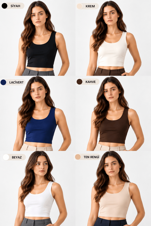 Crop Askılı Atlet 6lı Set Siyah-Beyaz-Lacivert-Kahverengi-Krem-Ten Rengi