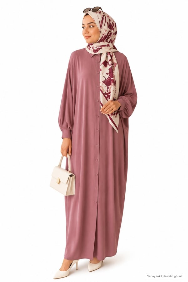 Kadın Sandy Tesettür Gömlek Elbise Abaya-Gül Kurusu
