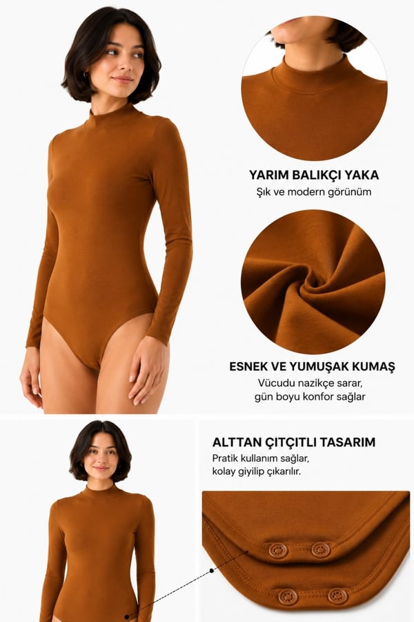 Kadın Viskon Boğazlı Çıtçıtlı Zıbın Body-Kahve