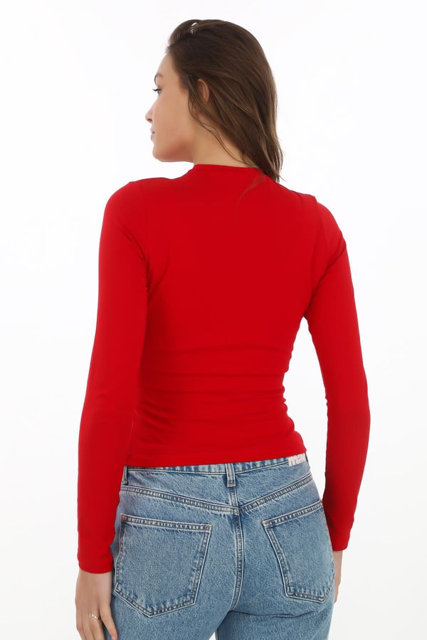 Likralı Pamuk Crop Tişört- Slim Fit-Kırmızı