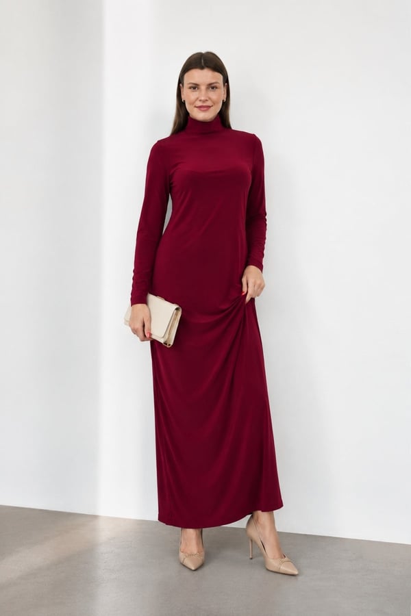 Dora Kadın Maxi Boy Balıkçı Yaka Sandy Elbise-Bordo