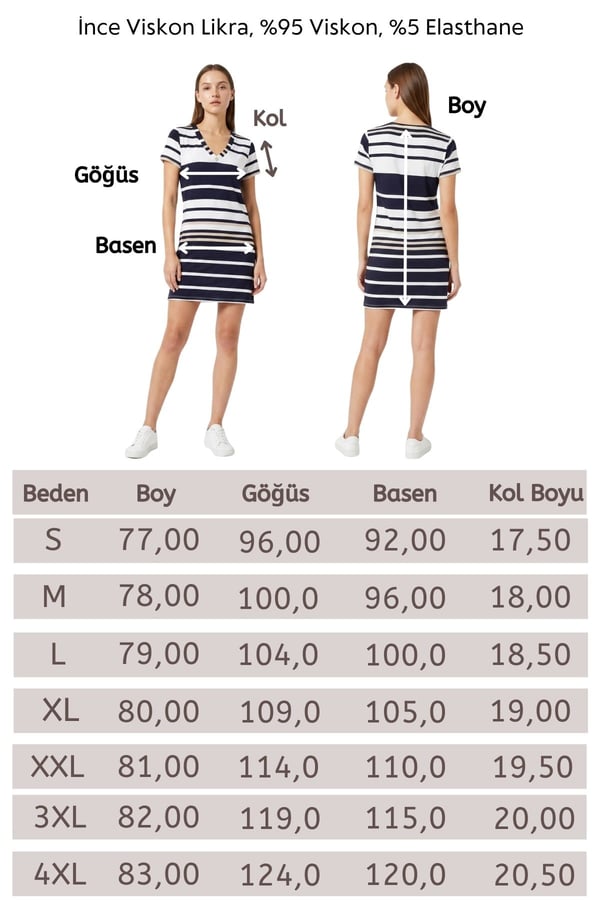 V Yaka Viskon Elbise-Çizgili lacivert beyaz