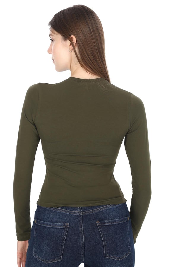 Likralı Pamuk Crop Tişört -Slim Fit-Haki