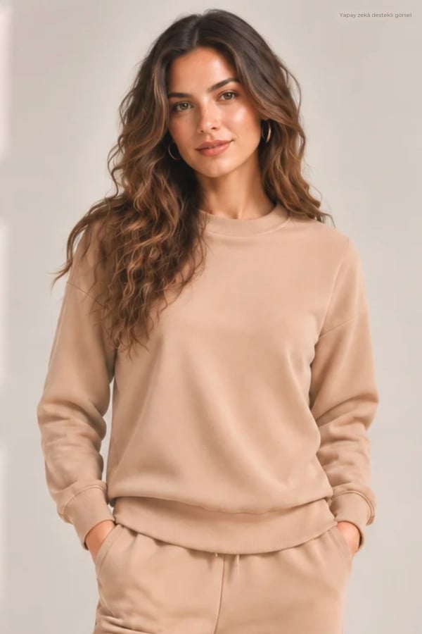 Kadın Bisiklet Yaka Sweatshirt Normal Kalıp Uzun Kollu-Bej