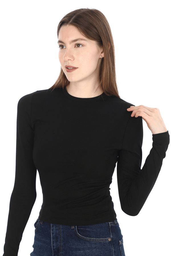 Likralı Pamuk Crop Tişört-Slim Fit-Siyah
