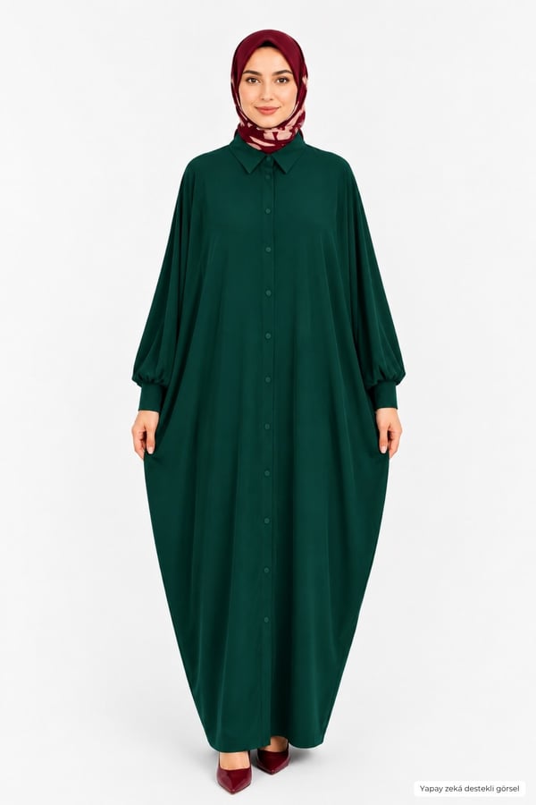 Kadın Sandy Tesettür Gömlek Elbise Abaya-Zümrüt Yeşil