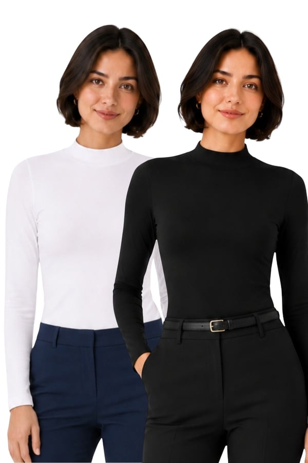 Kadın Viskon Boğazlı Kopçalı Zıbın Body 2li Set Siyah-Beyaz