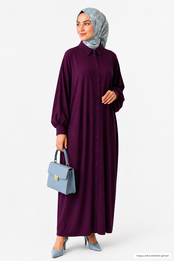 Kadın Sandy Tesettür Gömlek Elbise Abaya-Vişne