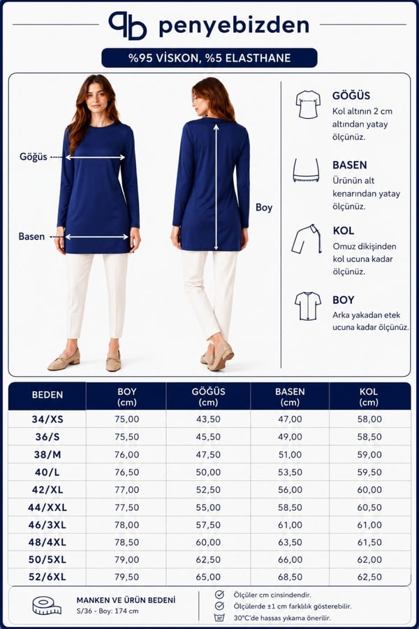 Premium Viskon Uzun Tunik-Lacivert