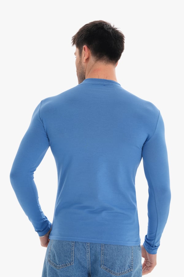 Erkek Dik Yaka Slim Fit Pamuk Likra Tişört-Koyu Mavi