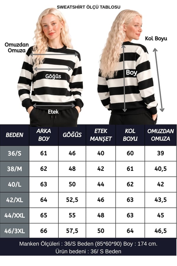Kadın Bisiklet Yaka Sweatshirt Normal Kalıp Uzun Kollu-Siyah Çizgili