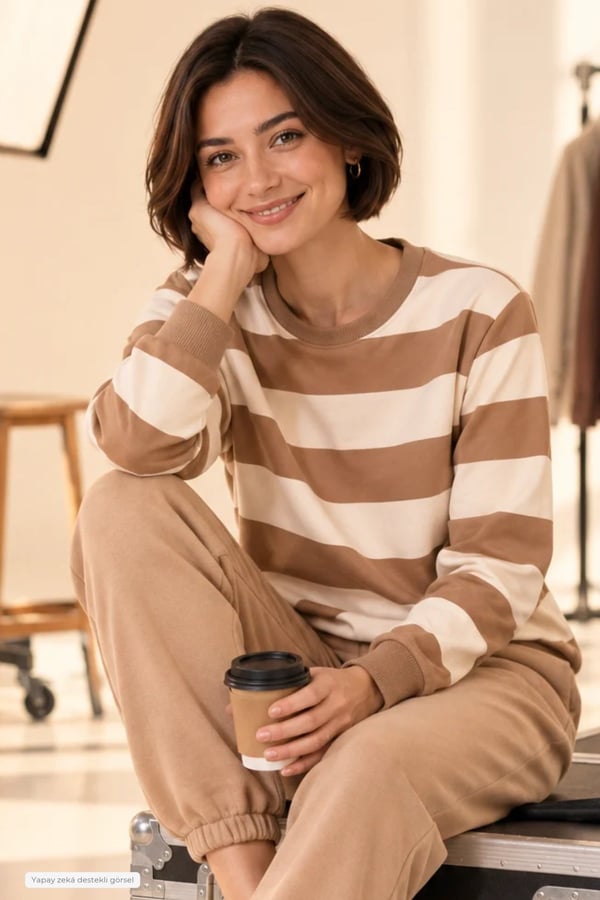 Kadın Bisiklet Yaka Sweatshirt Normal Kalıp Uzun Kollu-Bej Çizgili