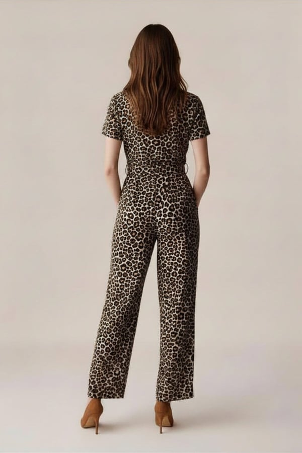 Kadın Krep Beli Kemerli ve Fermuarlı Tulum-Leopar