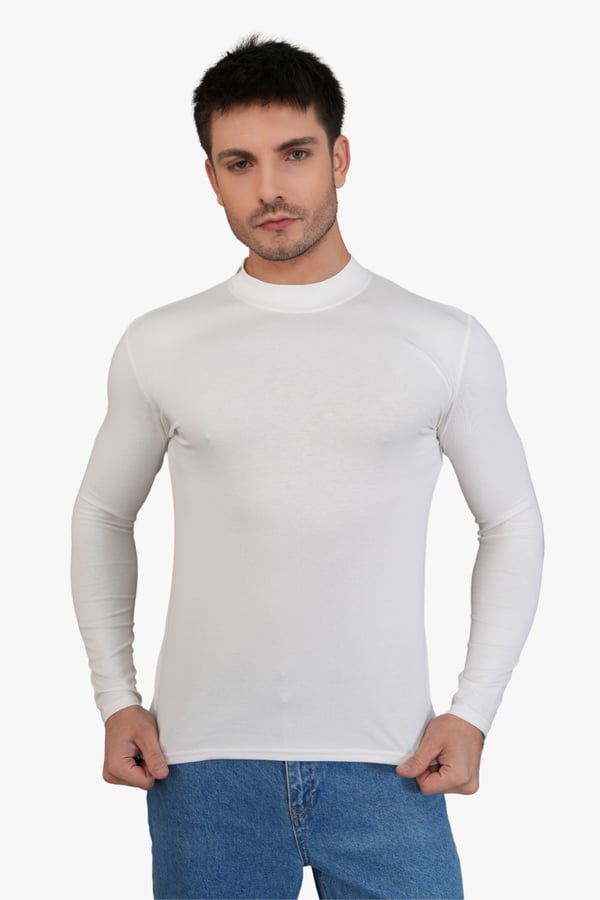 Erkek Dik Yaka Slim Fit Pamuk Likra Tişört-Off White