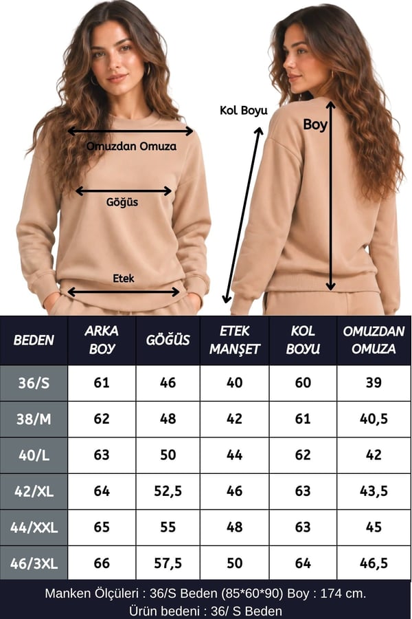 Kadın Bisiklet Yaka Sweatshirt Normal Kalıp Uzun Kollu-Bej