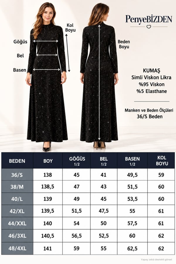 Simli Viskon Uzun Elbise-Siyah