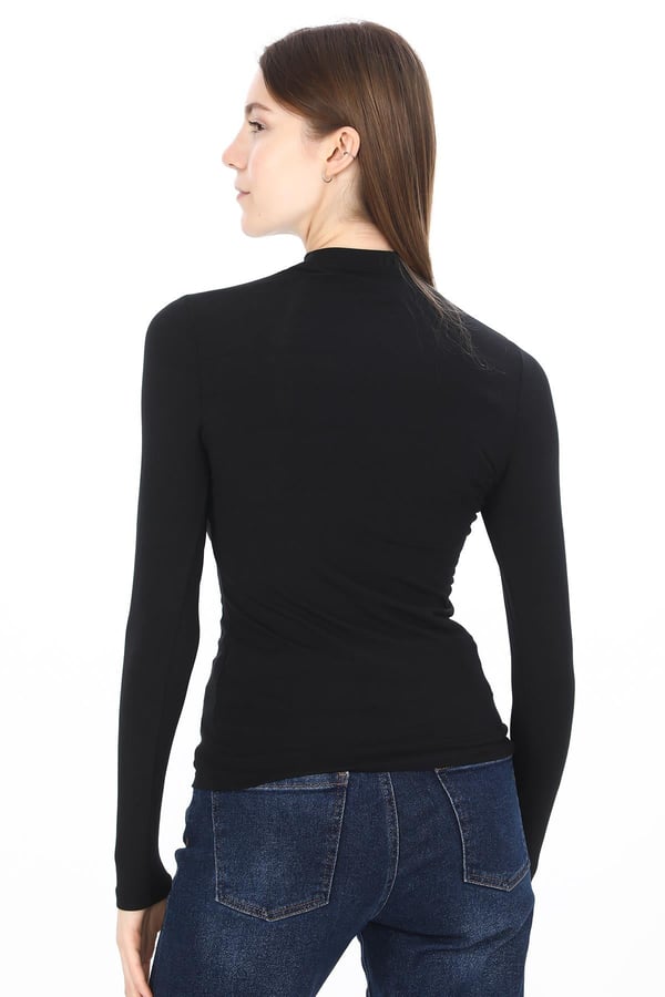 Kadın Modal Dik Yaka Slim Fit Tişört 2li Paket-Siyah-Beyaz