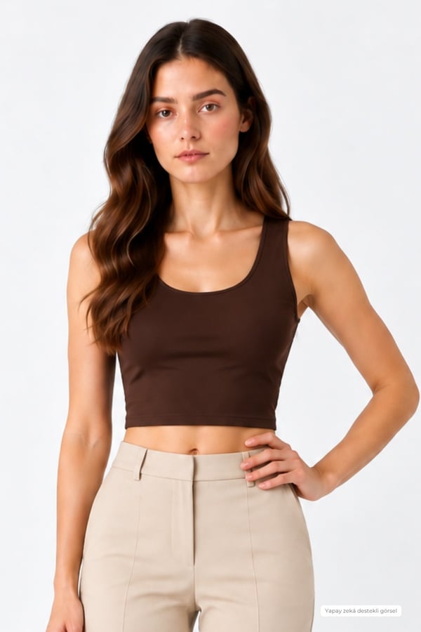 Crop Askılı Atlet-Kahverengi