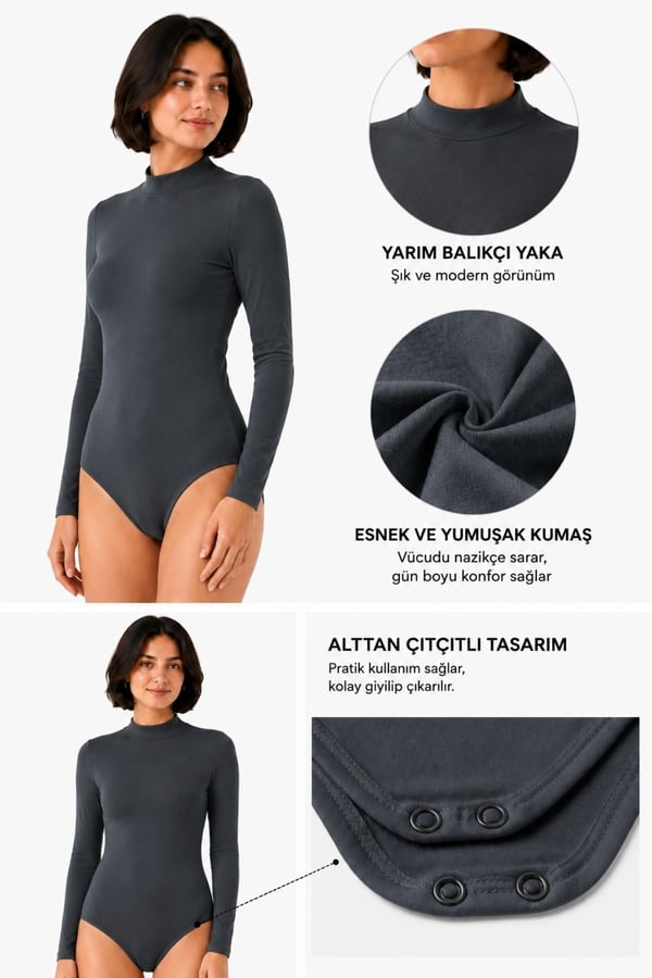 Kadın Viskon Boğazlı Çıtçıtlı Zıbın Body-Füme