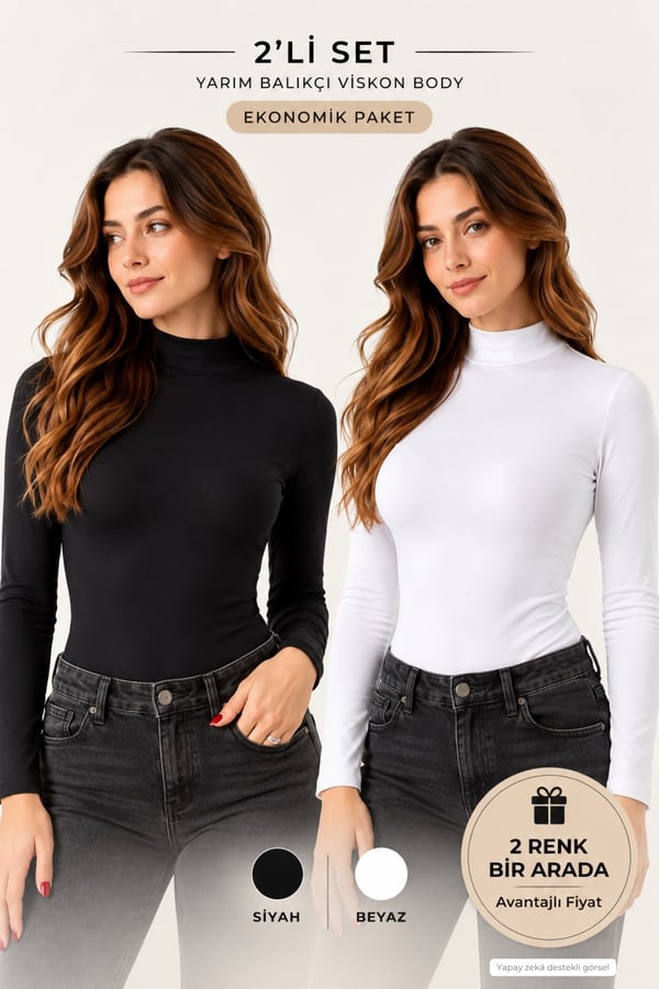 Kadın Viskon Boğazlı Kopçalı Zıbın Body 2li Set Siyah-Beyaz