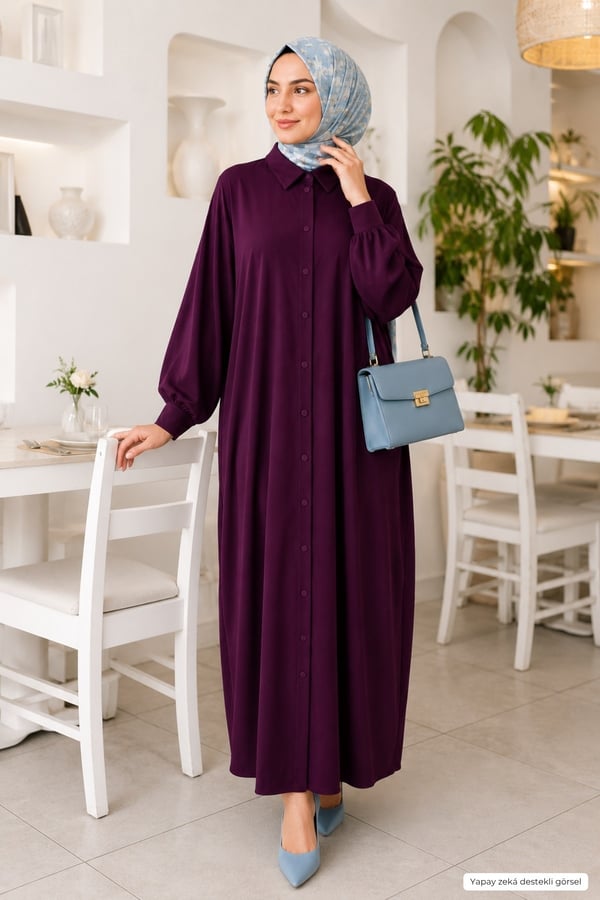 Kadın Sandy Tesettür Gömlek Elbise Abaya-Vişne