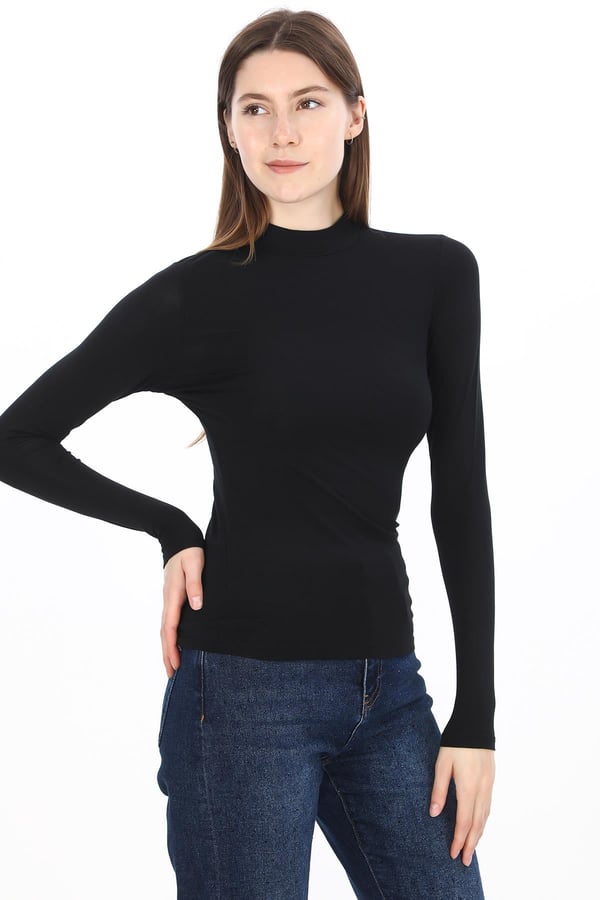 Kadın Modal Dik Yaka Slim Fit Tişört 2li Paket-Siyah-Beyaz