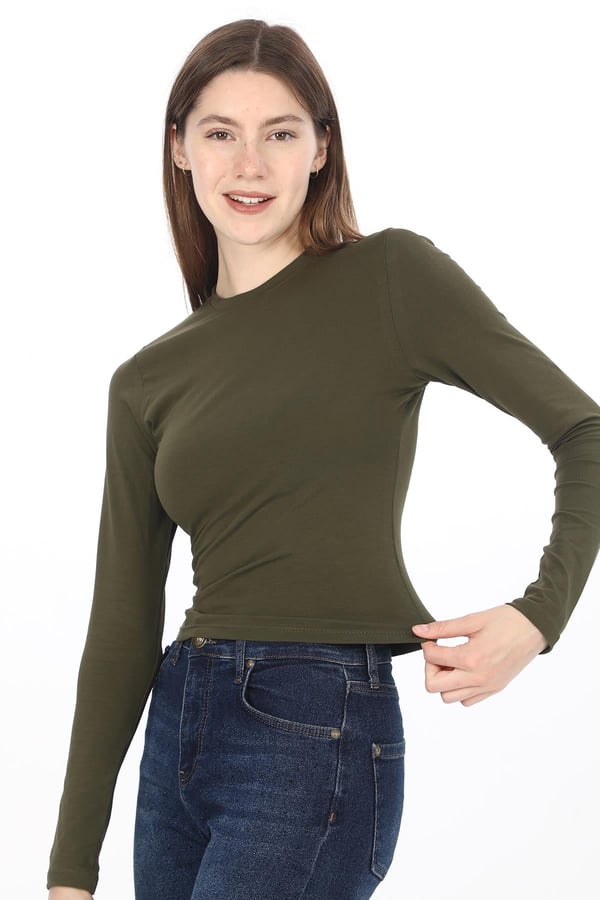 Likralı Pamuk Crop Tişört -Slim Fit-Haki