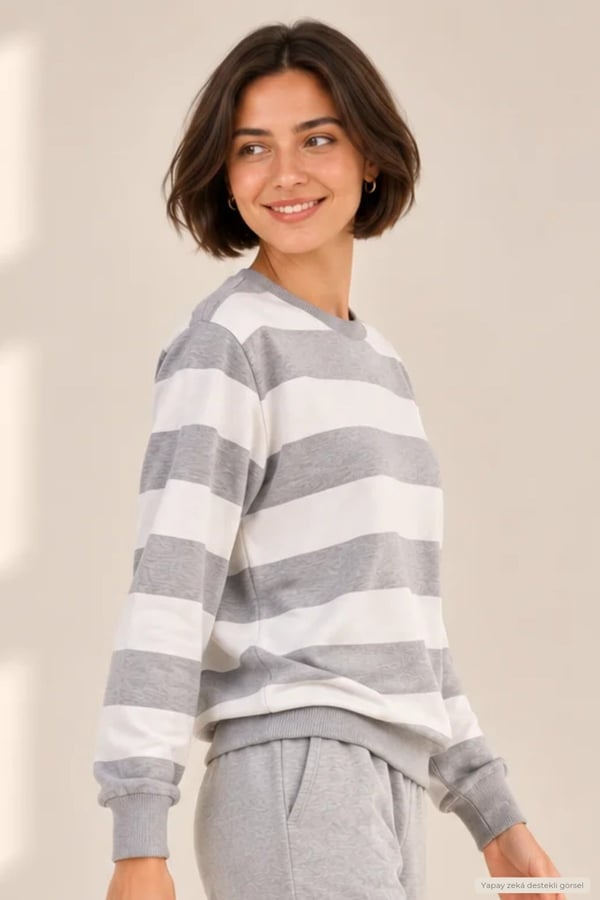 Kadın Bisiklet Yaka Sweatshirt Normal Kalıp Uzun Kollu-Gri Çizgili