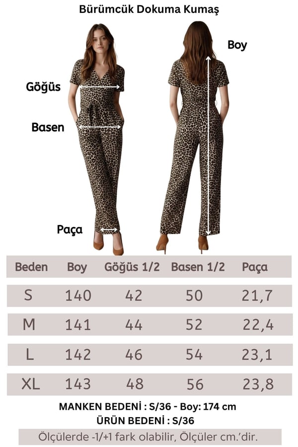 Kadın Krep Beli Kemerli ve Fermuarlı Tulum-Leopar